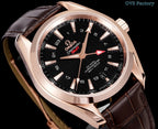 Omega watch with rose gold case, black dial, rose hands, and brown leather strap