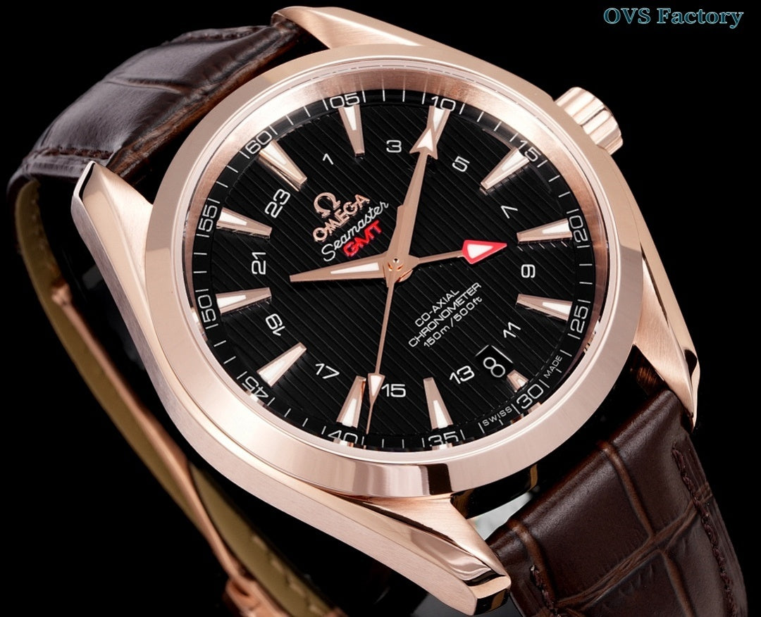 Omega watch with rose gold case, black dial, rose hands, and brown leather strap