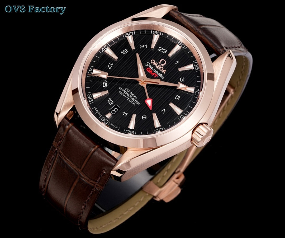 Omega watch front view with rose gold case, black dial, and brown leather strap