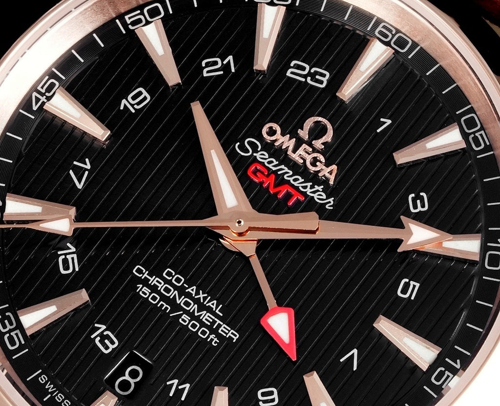 Omega watch dial close-up with black background, rose gold indices, and hands