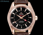 Omega watch front with rose gold case, black dial, and brown leather strap