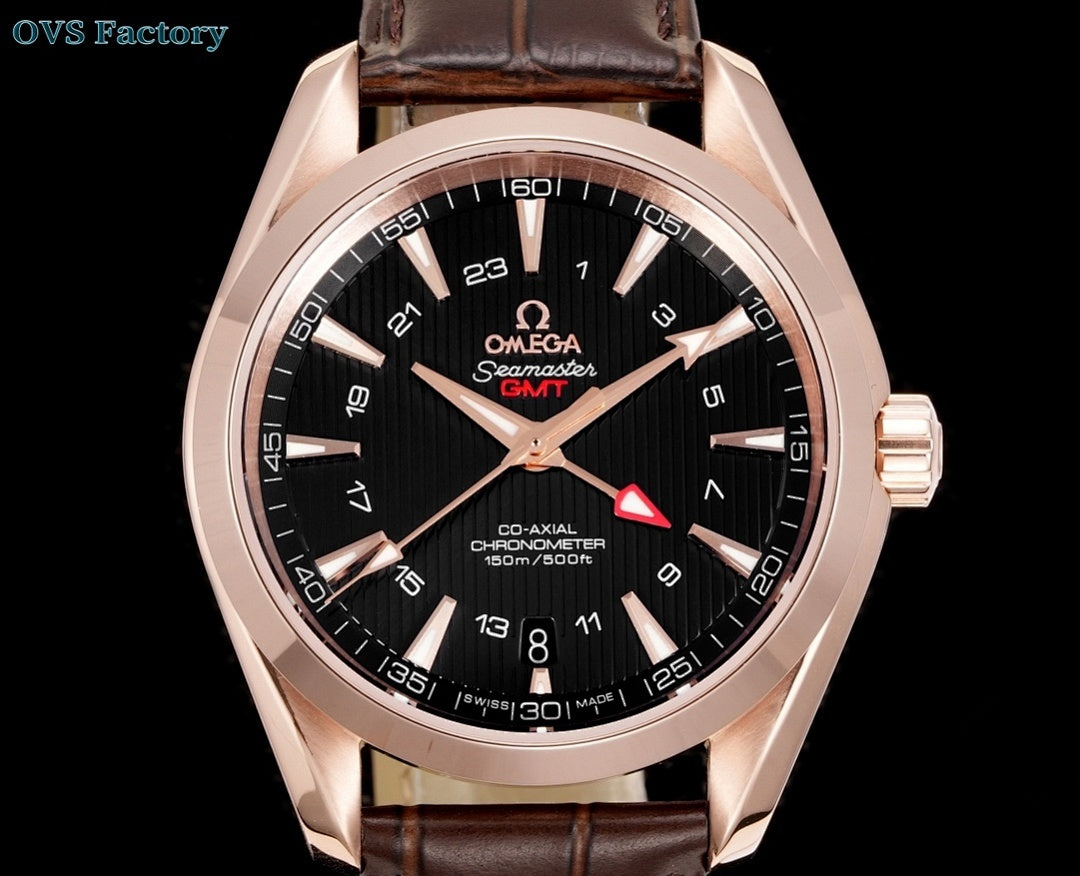 Omega watch front with rose gold case, black dial, and brown leather strap