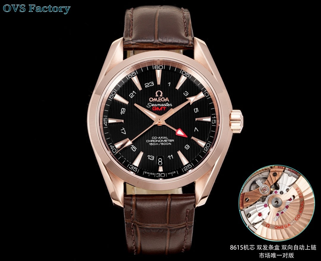 Omega watch with rose gold case, black dial, and brown leather strap, front angle
