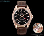 Omega watch with rose gold case, black dial, and brown leather strap