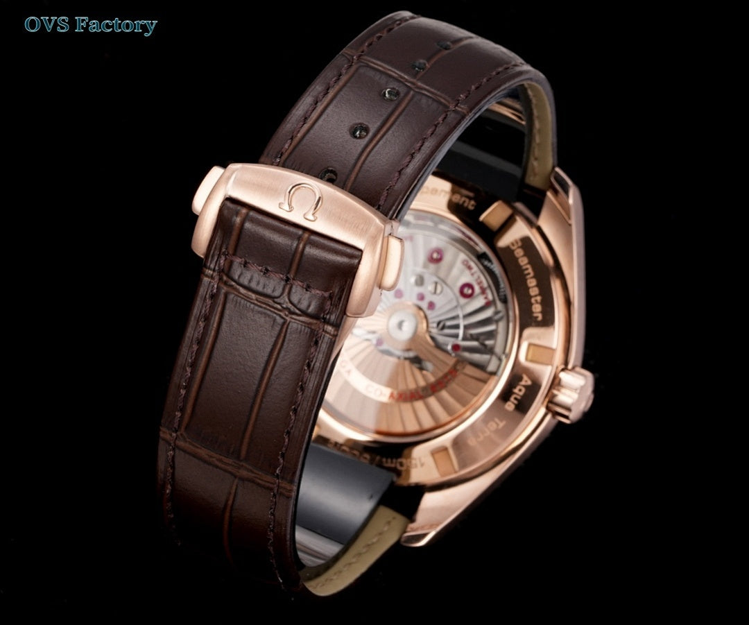 Omega watch with rose gold caseback and brown leather strap, side view