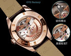 Omega watch with rose gold case and open-worked dial detail, brown strap