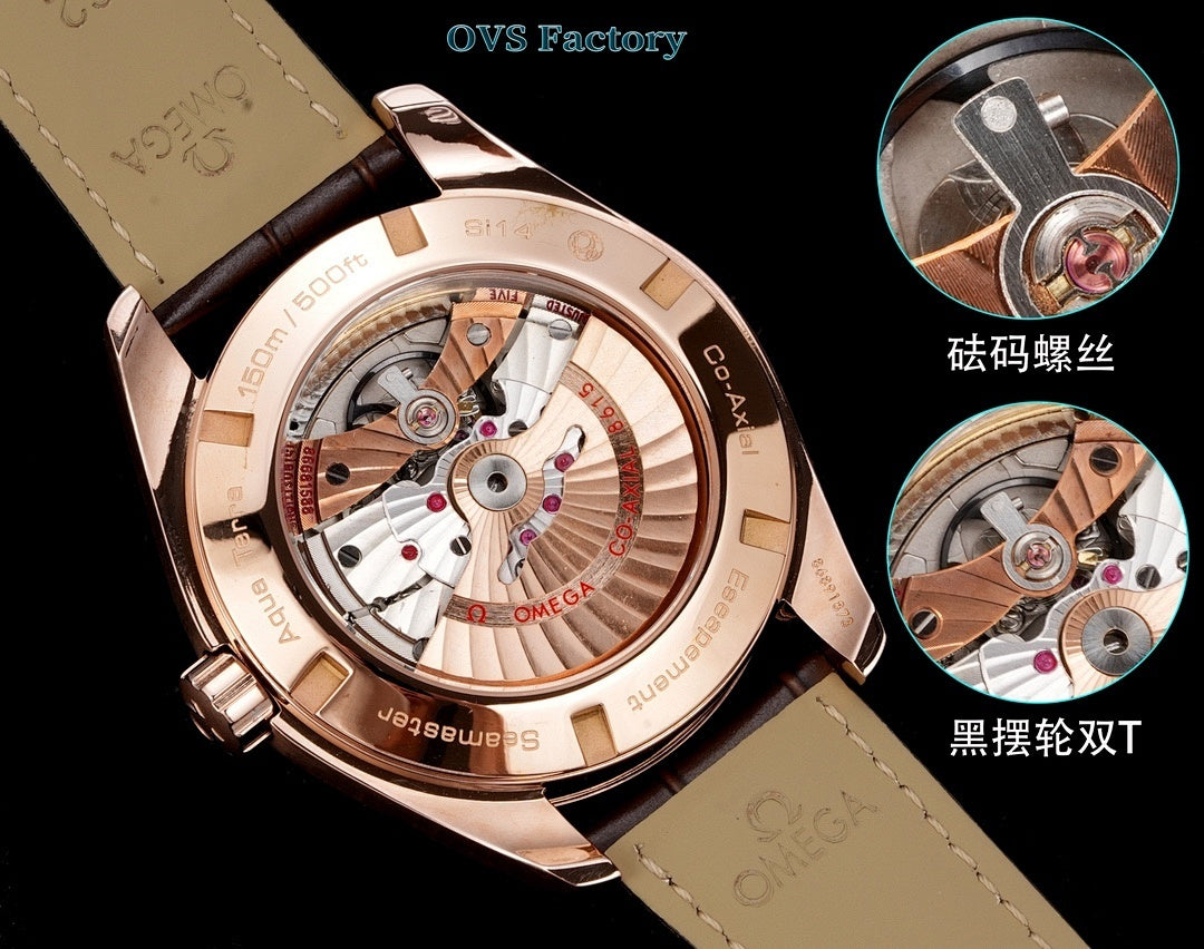 Omega watch with rose gold case and open-worked dial detail, brown strap