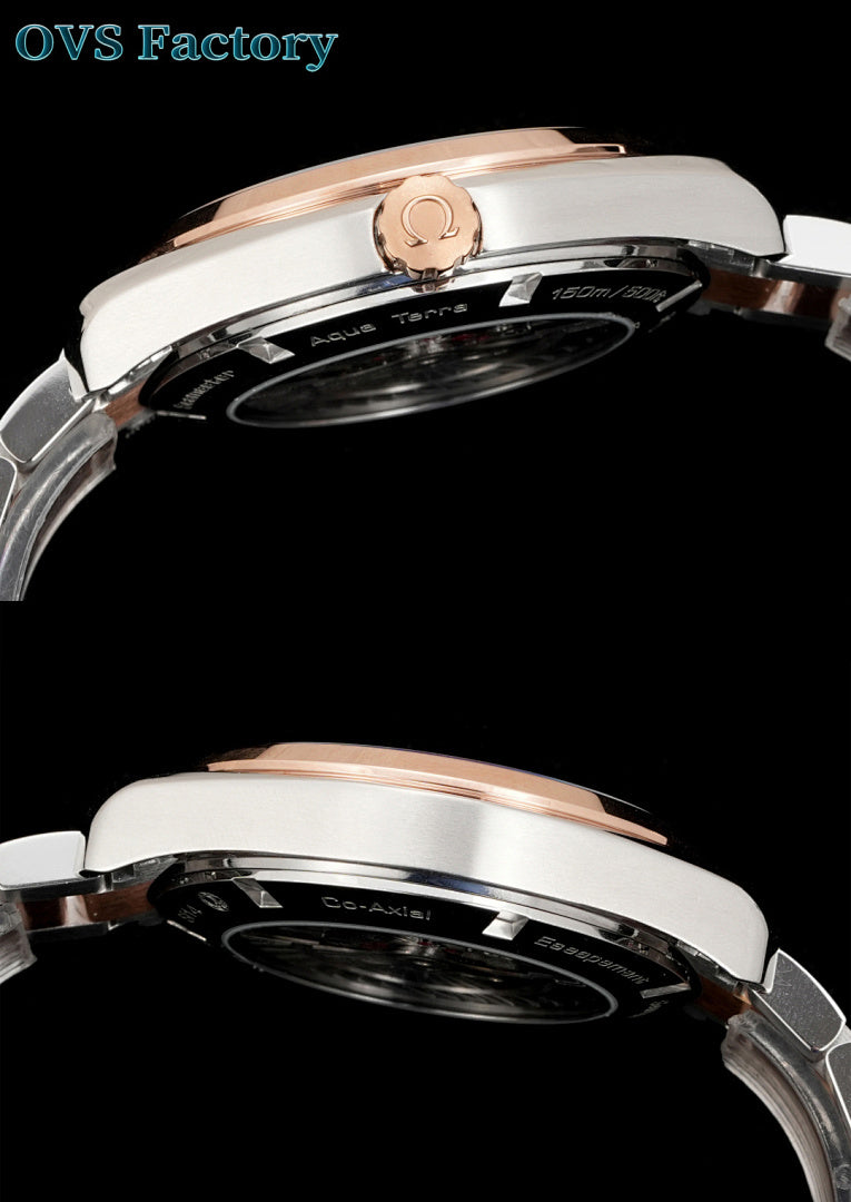 Omega watch case close-up with rose-gold bezel accents and transparent case back
