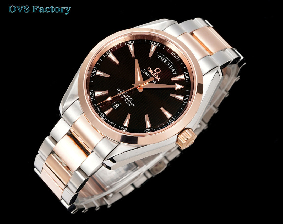 Omega watch with dark dial, rose-gold hands, steel and rose-gold bracelet, date at 8