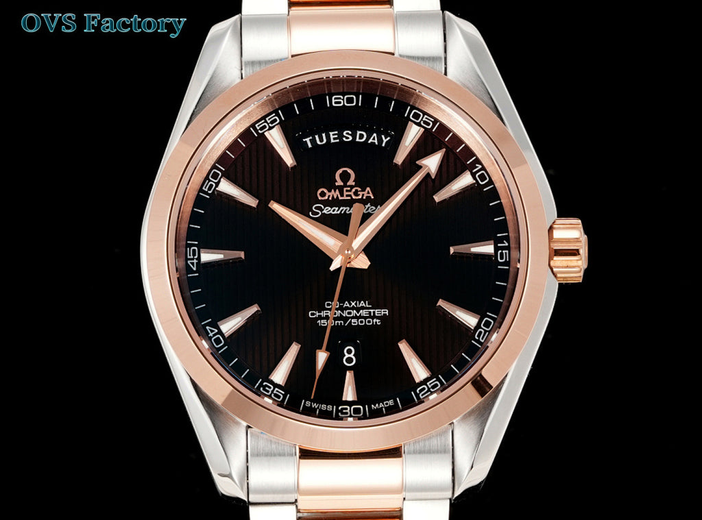 Omega watch front view with black dial, rose-gold bezel, steel bracelet, date at 8