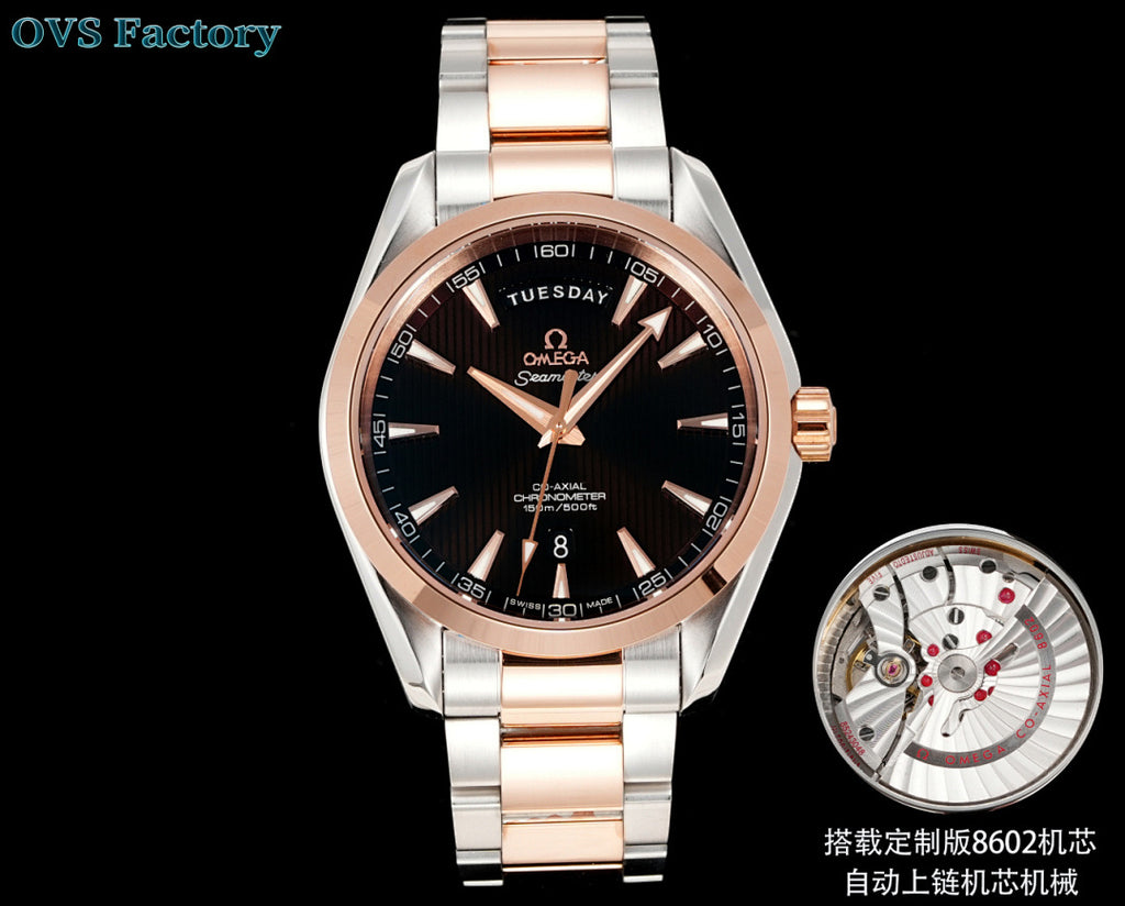 Omega watch with black dial, rose-gold accents, steel bracelet, date at 8; movement view