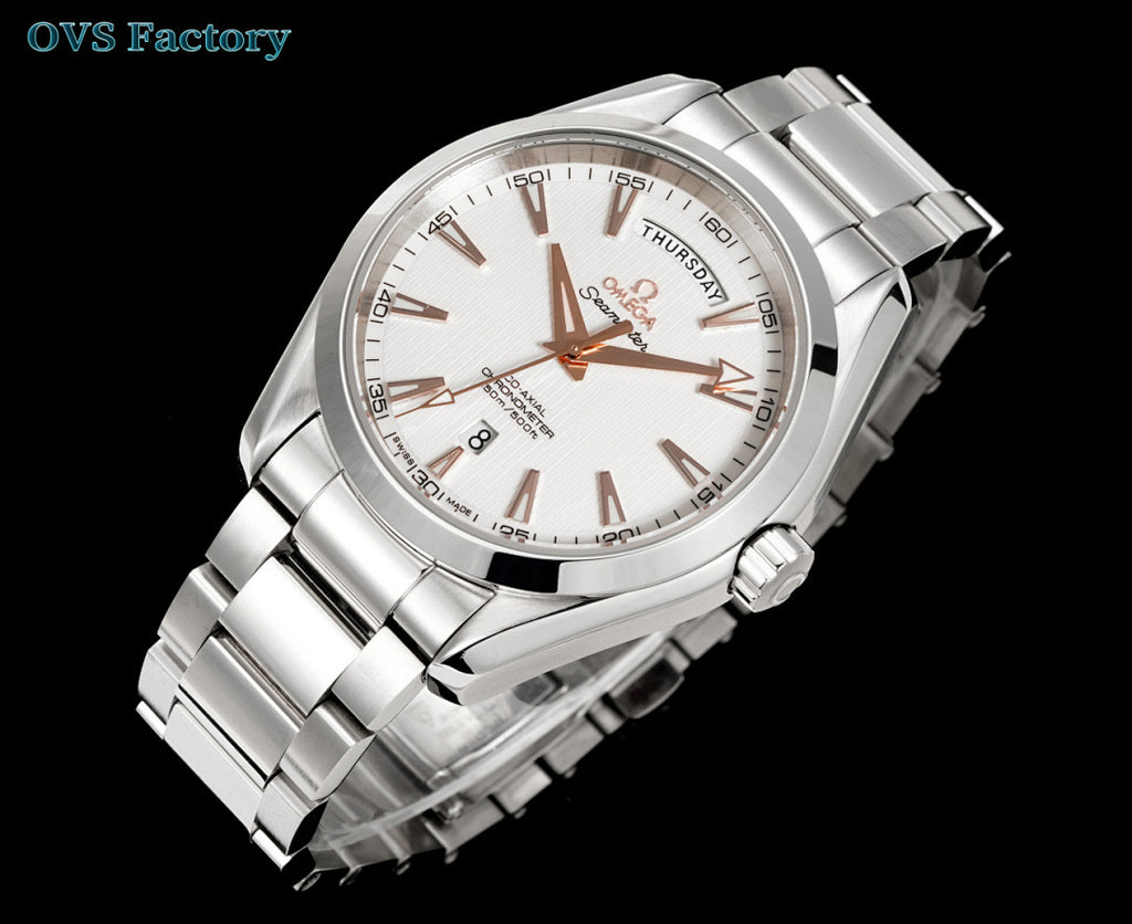 Omega watch angled view with white dial, steel bracelet, rose-gold hour markers