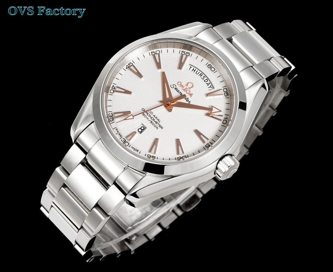 Omega watch angled view with white dial, steel bracelet, rose-gold hour markers