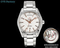 Omega watch with white dial, rose-gold hands, steel bracelet, date at 8