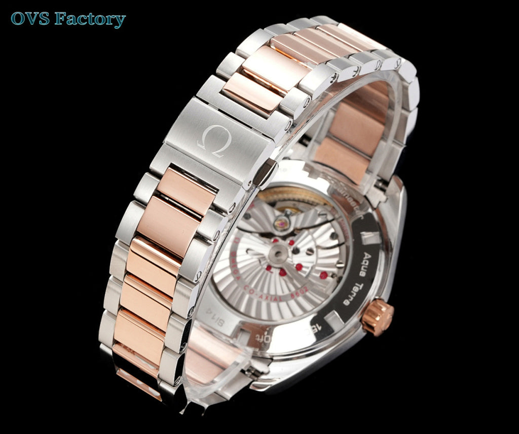 Omega watch with open case, rose-gold accents, visible mechanical movement, steel bracelet