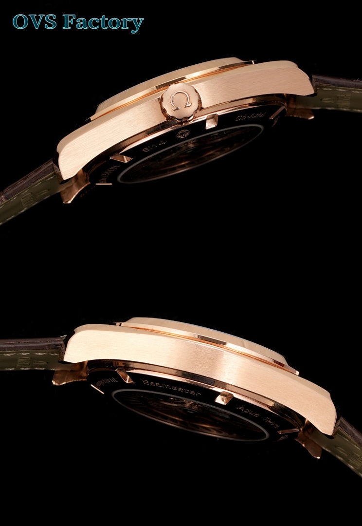 Rose-gold-tone wristwatch case side profile with crown and brown leather strap.