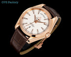 Brown leather strap rose-gold-tone wristwatch with white dial and date window.