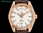 Rose-gold-tone wristwatch on brown leather strap with white dial and date window.
