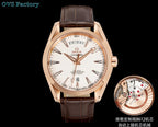 Brown leather strap rose-gold-tone wristwatch with light dial and date window.
