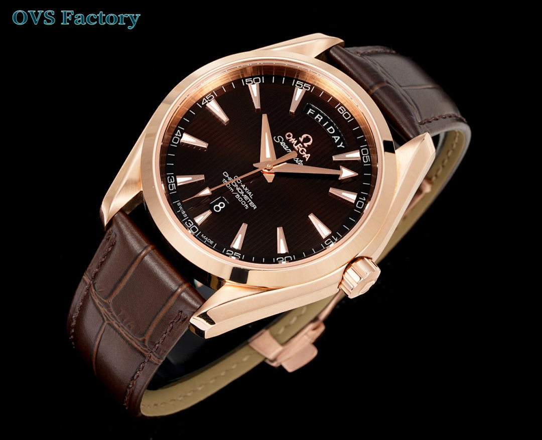Brown leather strap rose-gold-tone wristwatch with black dial and date window.