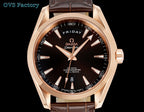 Rose-gold-tone wristwatch front view with black dial, brown leather strap, and date window.