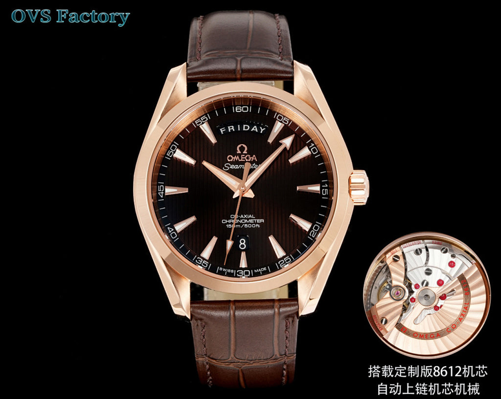 Brown leather strap rose-gold-tone wristwatch with black dial and magnified date window.