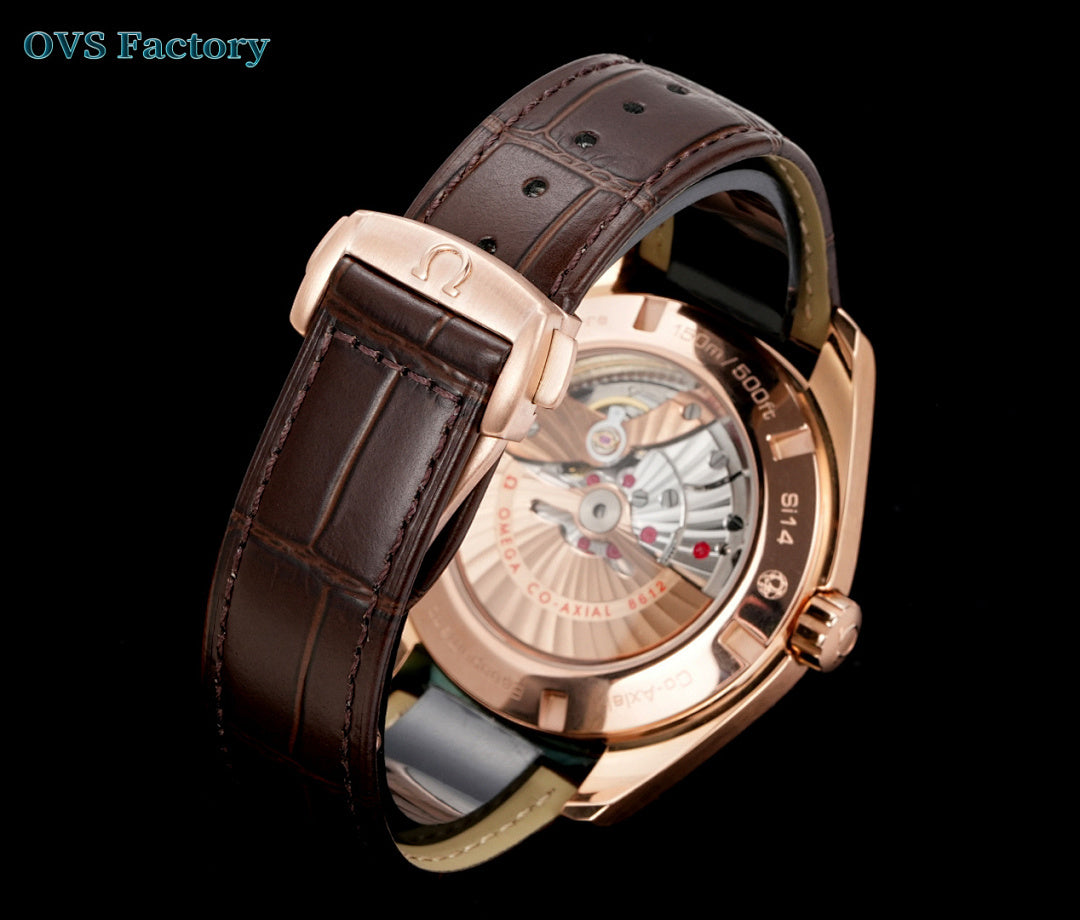Rose-gold-tone wristwatch side view with brown leather strap and visible case movement.