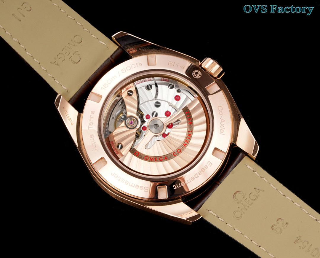 Wristwatch open caseback with visible mechanical movement and brown leather strap.
