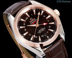Round wristwatch with brown leather strap, rose-gold bezel, dark dial