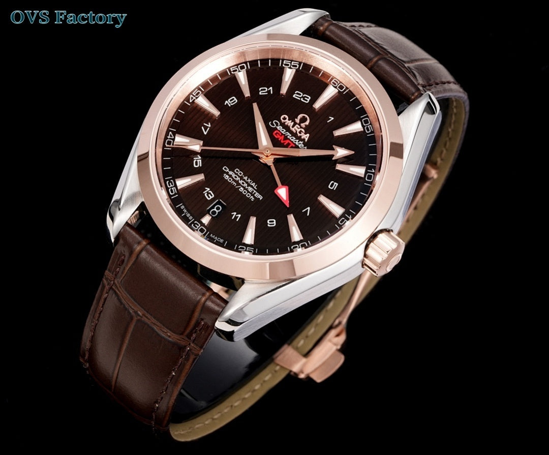 Round wristwatch with brown leather strap and rose-gold bezel, angled view of dial