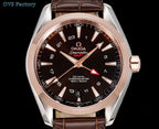 Round wristwatch with brown leather strap, rose-gold bezel, dark dial front view