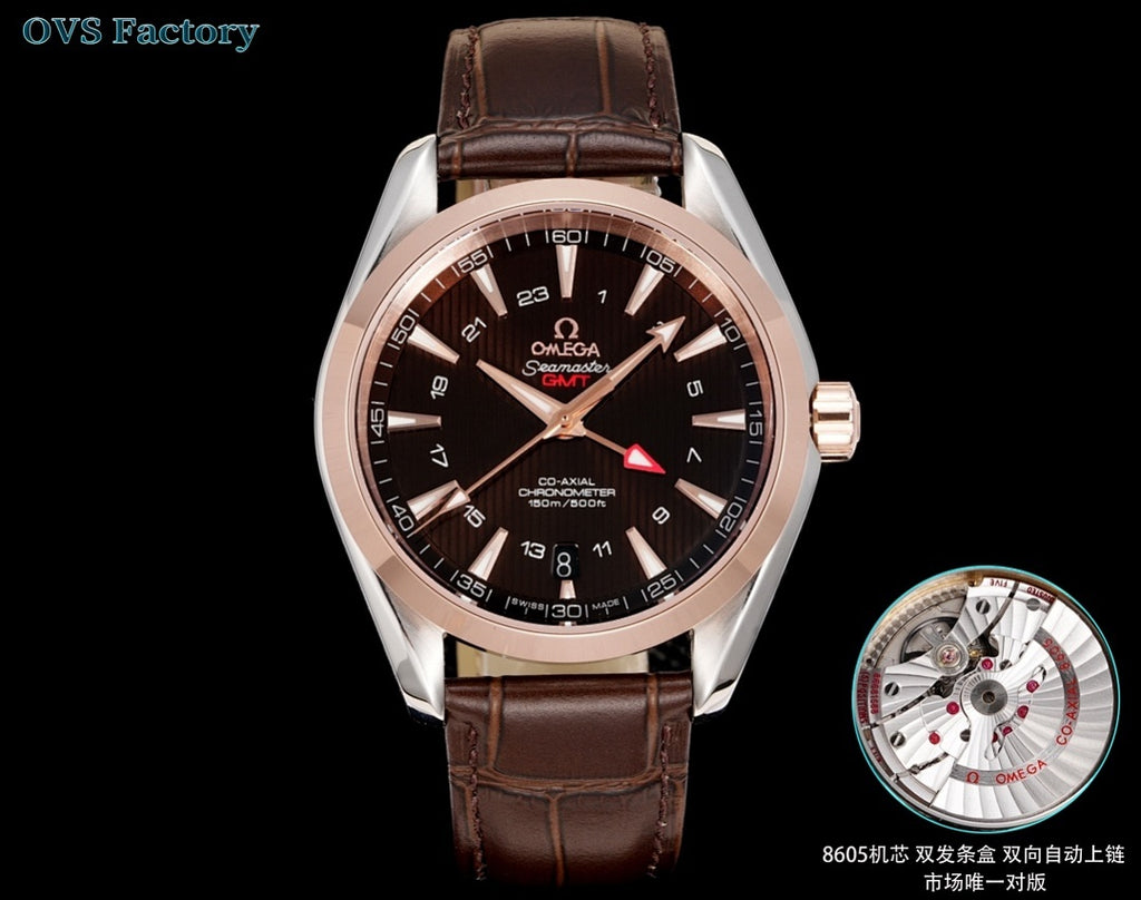 Brown leather strap wristwatch with dark dial and rose-gold tone case, front view