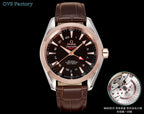 Brown leather strap wristwatch with dark dial and rose-gold tone case