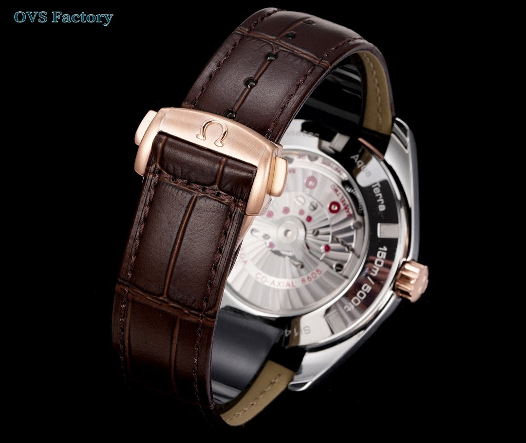Brown leather strap wristwatch with silver case and rose-gold crown, side view