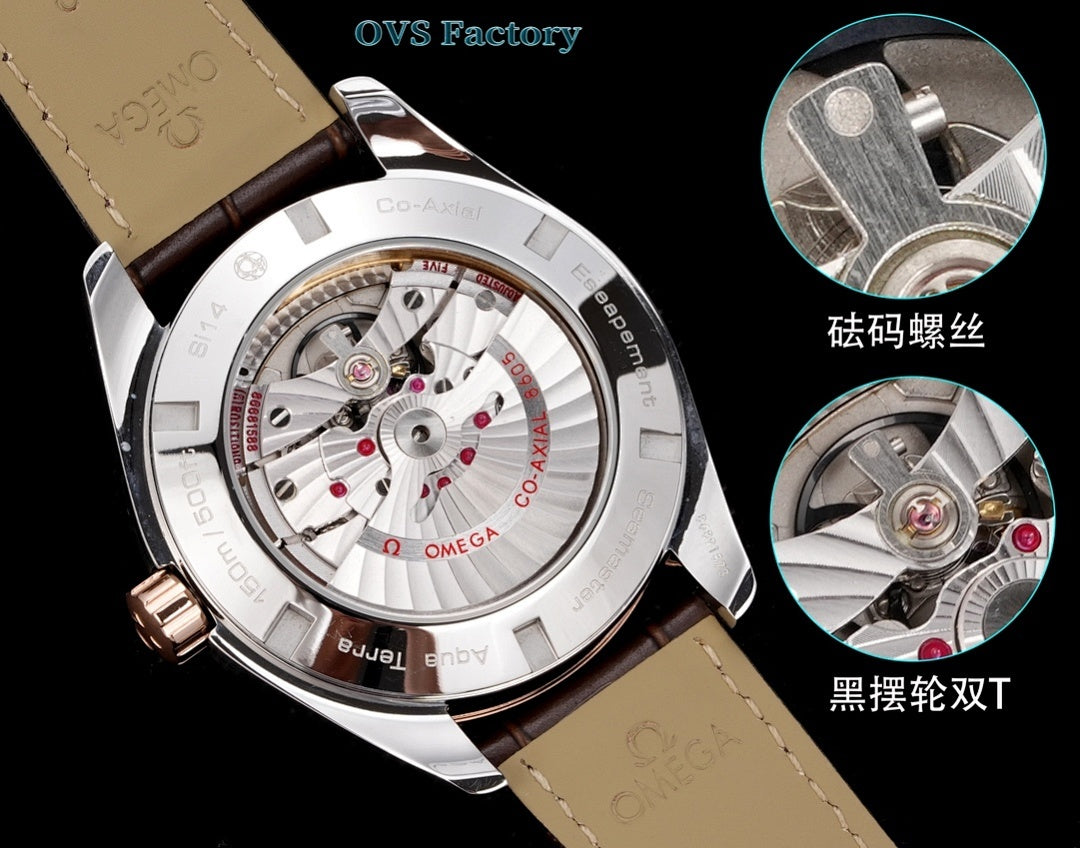 Leather strap wristwatch with exposed movement, silver case and rose-gold bezel