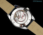Omega Seamaster wristwatch with transparent case back and tan leather strap