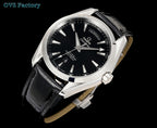 Omega Seamaster wristwatch with black dial, silver case, and black leather strap