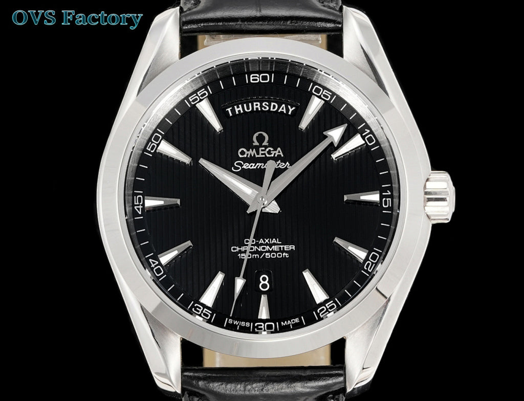 Omega Seamaster wristwatch with black dial and silver case, black leather strap