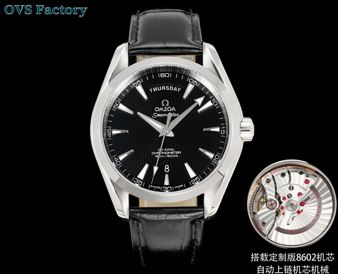Omega Seamaster wristwatch with black dial and dark leather strap; see-through case detail