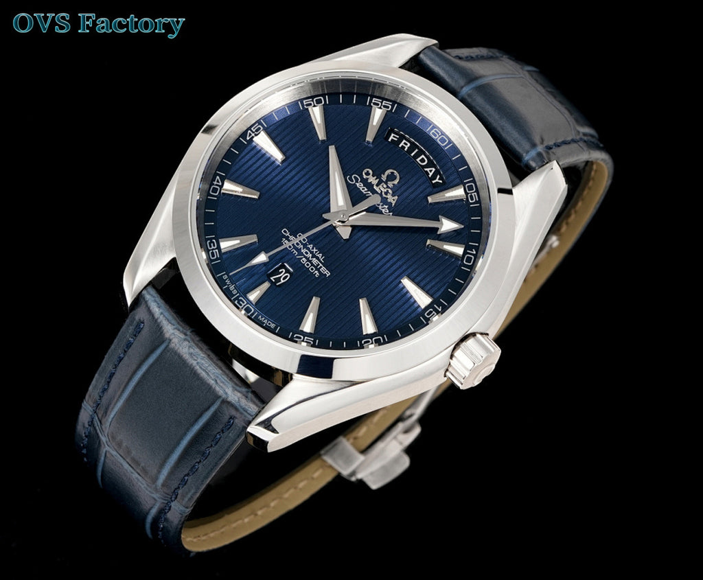 Omega Seamaster wristwatch with blue dial, silver case, and dark blue leather strap
