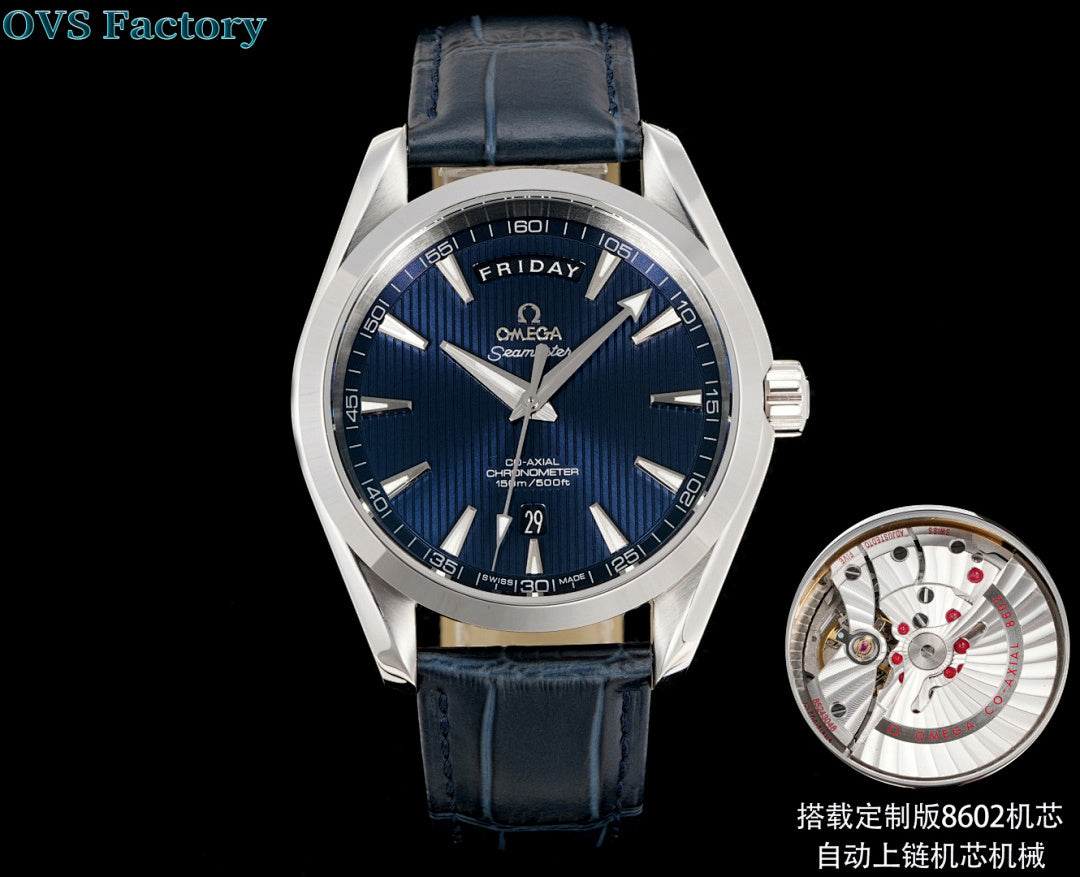 Omega Seamaster wristwatch with blue dial, silver case, and dark blue leather strap