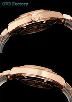Rose-gold tone wristwatch side profile with crown and polished case