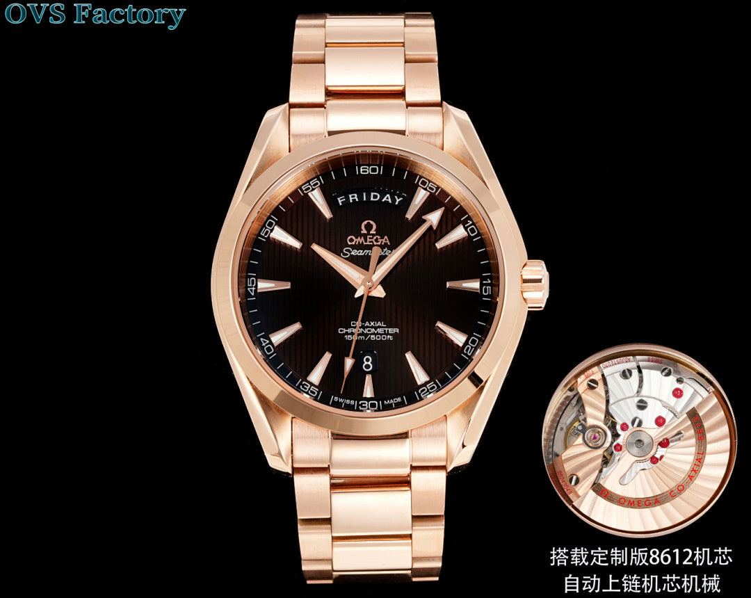 Rose-gold tone wristwatch with black dial and day-date window, clear caseback inset