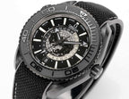 Omega watch angled view with black bezel, textured strap, and chronograph dial