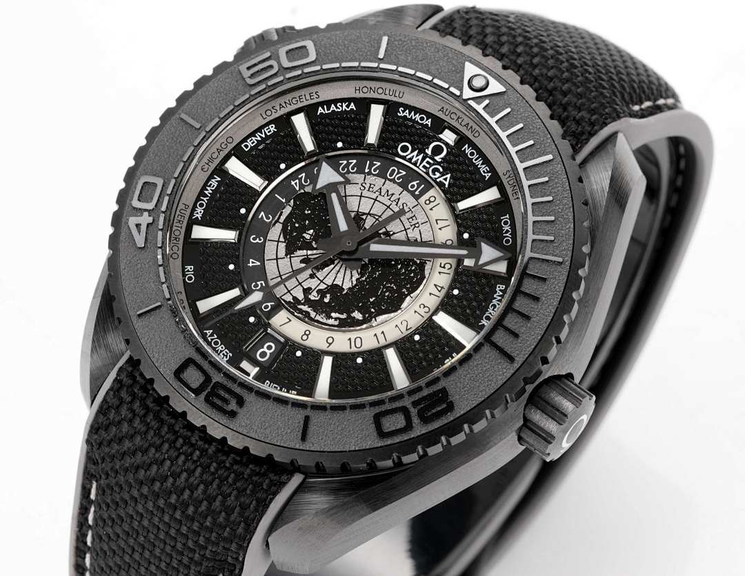 Omega watch angled view with black bezel, textured strap, and chronograph dial