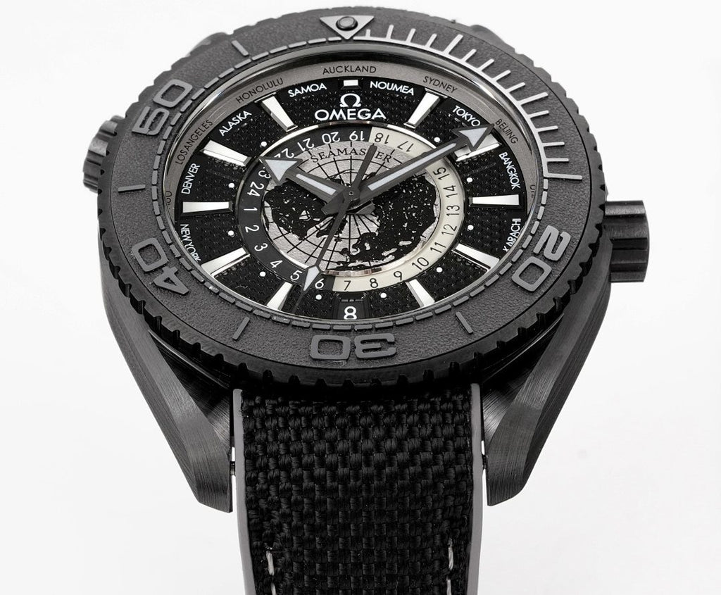 Omega watch front view with black dial, bezel minute marks, and textured black strap