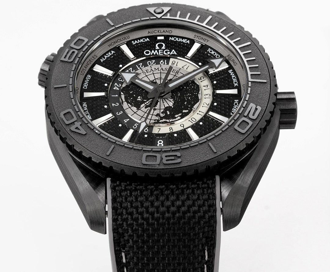 Omega watch front view with black dial, bezel minute marks, and textured black strap
