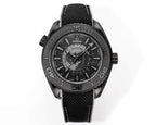 Omega watch front view with black dial, black fabric strap, and raised bezel