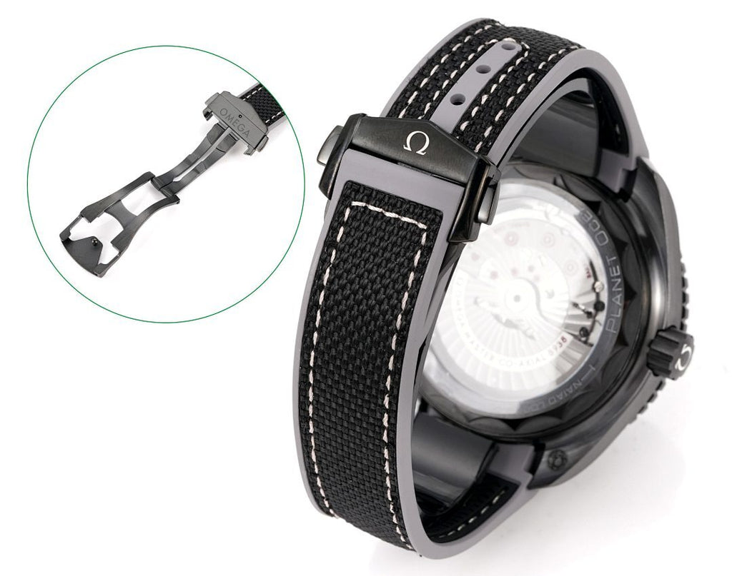 Omega watch side profile with black fabric strap, bezel edge, and crown