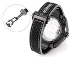 Omega watch side profile with black fabric strap, bezel edge, and crown